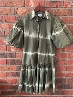 WKND WYFR Olive Green Frock It Tie-Dye Puff Sleeve Shirt Dress